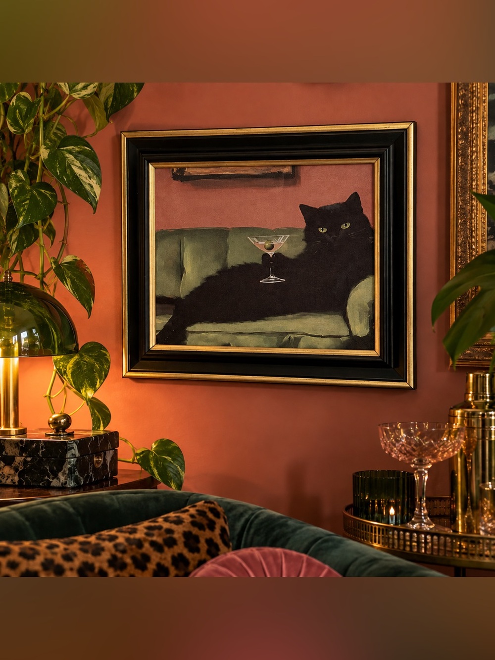Black Cat Martini Framed Wall Art Vintage Style Retro Cocktail Decor 11x13”